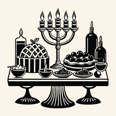 Print Chanukah celebration table with menorah and festive foods
