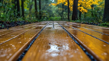 Wet wooden boardwalk path through autumn forest.