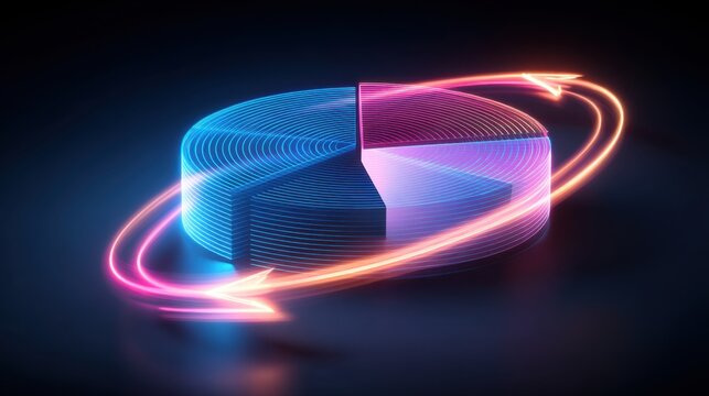 Abstract neon pie chart design with dynamic glowing arrows in a dark background, representing data visualization and business analytics concepts