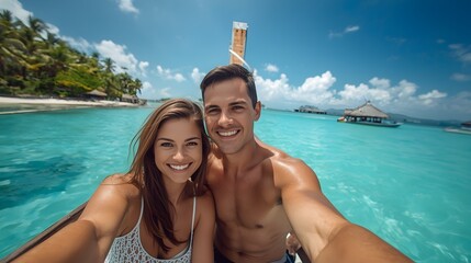 Joyful Couple Selfie on Boat in Crystal Clear Tropical Lagoon with Overwater Bungalows