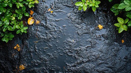 Wet, dark stone pavement with green plants and fallen leaves.