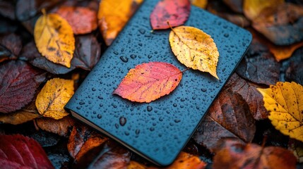 Wet notebook with autumn leaves.