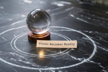 Glowing Sphere on Black Marble Surface with Vision Standard Label