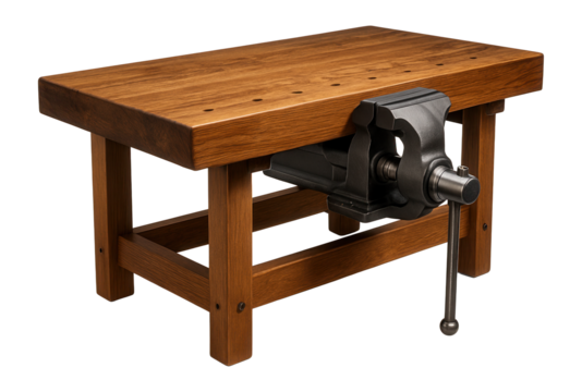 Wood workbench with a sturdy vise, perfect for carpentry tasks.