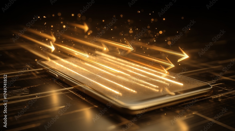 Wall mural futuristic smartphone concept with dynamic light trails and glowing effects on a dark background in 