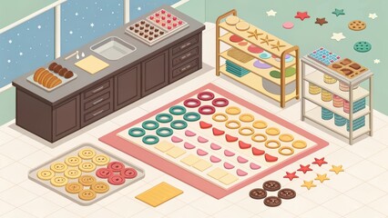 Isometric Bakery Workspace with Cookie Cutters and Desserts