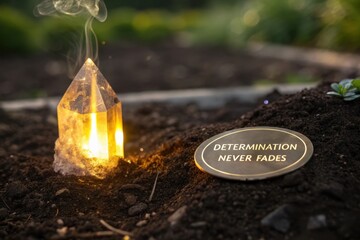 Bright Flame Rising from Dark Soil Next to Metallic Plate with Words