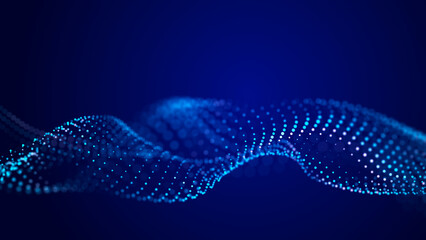 Futuristic wave of dots with moving particles. Abstract technology background. 3D visualization of big data. 3D rendering.