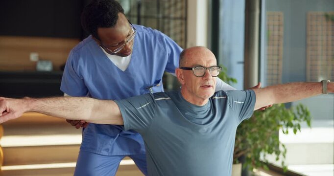 Physical therapy, nurse and old man in nursing home, stretching and arm exercise for rehabilitation. Healthcare, caregiver and senior patient with injury, people and recovery with physio or fitness