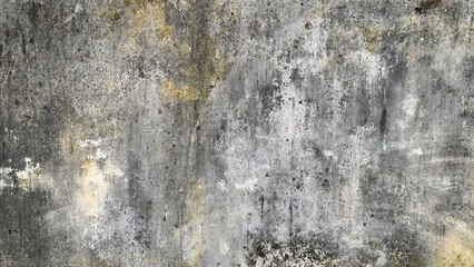 High-resolution full-frame texture of an ancient, heavily stained concrete wall featuring weathered gray, white, and yellow-brown mottled paint or stucco surface. Abstract concept