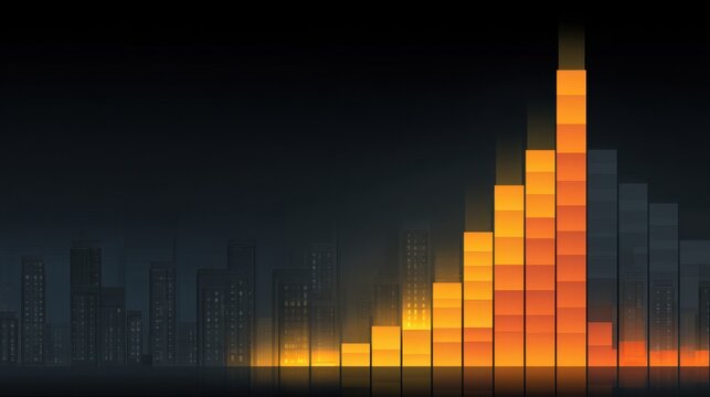 Abstract representation of a rising growth graph against a dark urban skyline, featuring colorful bars symbolizing increased progress and prosperity