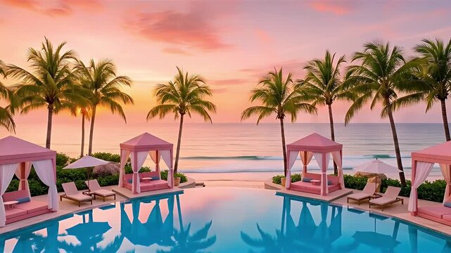 Tropical beach resort scenic overview with pink cabanas and palm trees at sunset