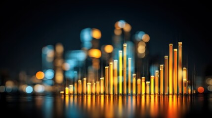 Vibrant Financial Data Visualization with Colorful Bar Graphs and Blurred City Lights in the Background for Business Analytics and Marketing Projects