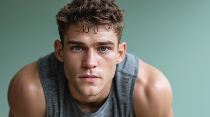 Fototapeta premium Focused young male athlete with short brown hair and blue eyes wearing sleeveless gray shirt, intense expression, studio portrait with soft green background