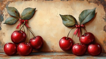 Vintage style still life of fresh cherries with red ribbons and leaves on aged paper background.