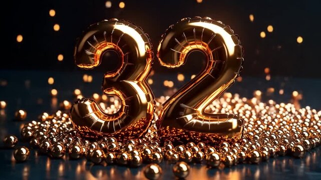 Golden balloons number 32 on a dark surface with small shiny golden spheres