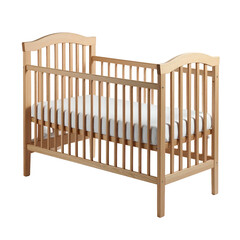 An empty wooden crib with a mattress, against a black background