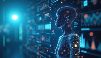 Digital human form with data visualizations. Futuristic AI system analyzes information. Abstract concept of big data analytics, network connection, science, and intelligence.