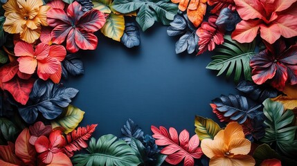 Vibrant tropical leaves and flowers frame a dark blue background, creating a vibrant, colorful border.