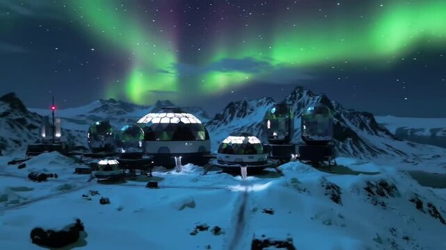 A futuristic research outpost nestled in a snowy landscape under a vibrant aurora borealis.