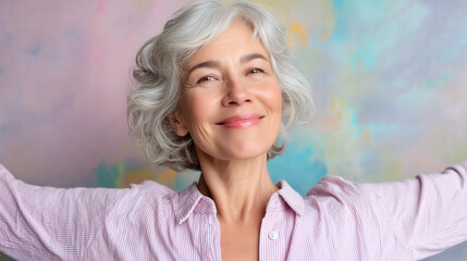 Confident senior woman with gray hair smiling joyfully, arms open, wearing light pink shirt, standing against colorful pastel background, expressing happiness and positivity