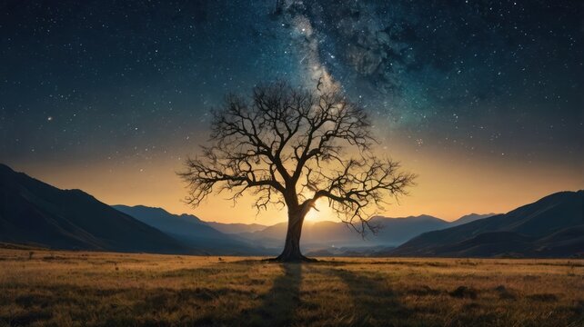 Sunrise and sunset over misty mountain landscape with trees and colorful sky