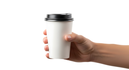 Hand holding a blank paper coffee cup on black background