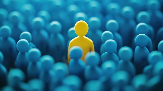 Yellow figure standing out in a crowd of blue figures.