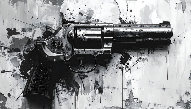A close-up monochrome artwork depicts a revolver. The gun is central, splattered with dark ink against a light background
