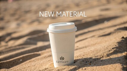 White Bamboo Cup on Sand with New Material Labeling