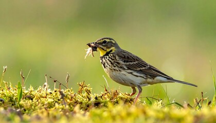 Fototapeta premium Small Bird with Prey in Grassy Area.