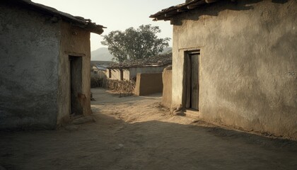 Obraz premium Village scene with old buildings and road.