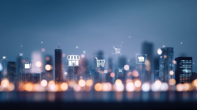 Urban skyline at dusk with digital e-commerce icons representing shopping, security, and cart functionality in a futuristic cityscape environment
