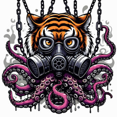A striking graphic illustration of a tiger head wearing a gas mask, fused with an octopus body and tentacles, suspended by chains with smoke effects.
