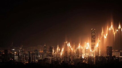 Abstract representation of financial growth with glowing lines over a city skyline at night symbolizing economic trends and market fluctuations