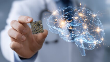 Doctor holds a circuit board near an illuminated brain. The image suggests AI in the medical field