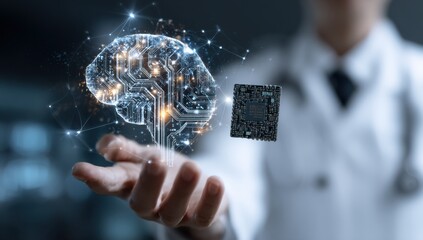 A doctor holds a glowing brain circuit model with a floating circuit board representing advanced medical tech