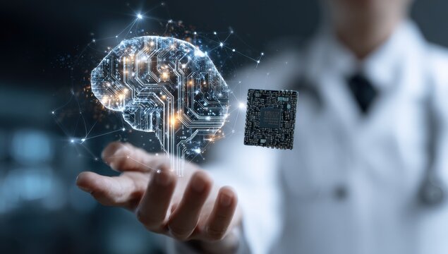 A doctor holds a glowing brain circuit model with a floating circuit board representing advanced medical tech