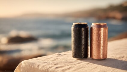 Two aluminum beverage cans on a stone surface near the ocean at sunset with slight condensation