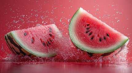 Two watermelon slices splashing in water on red background.