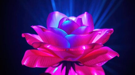 Naklejka premium Illuminated rose flower with vibrant pink and purple petals against a dark background, radiating blue light.