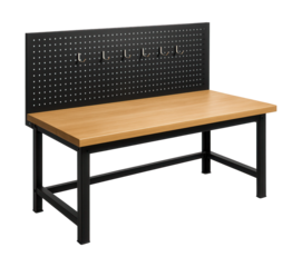 Workbench with a perforated back panel and hooks for organized DIY projects.