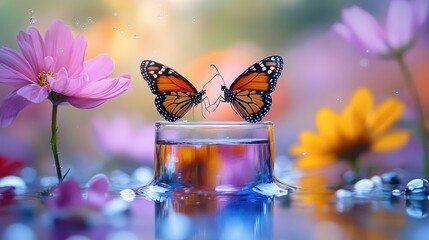 Two monarch butterflies perched on a glass filled with water, surrounded by colorful cosmos flowers and water droplets, creating a magical, dreamy scene.