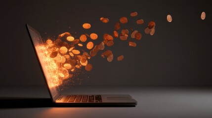 Digital Transformation Concept with Coins Emerging from Laptop Illustrating Growth and Financial Success in a Modern Business Environment