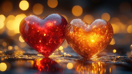 Two luminous glass hearts, red and gold, glowing against a bokeh background, reflecting on a dark surface.
