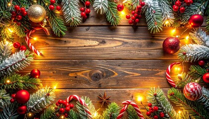Rustic Wooden Table Christmas Flat Lay with Pine Branches, Red Berries, Candy Canes, and Ornaments, Festive Holiday Background

