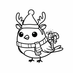 A charming cartoon bird adorned in a festive hat and scarf, complete with reindeer antlers, carrying a candy cane, perfect for holiday greetings.