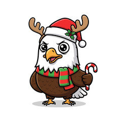 A cute cartoon eagle, adorned with a Santa hat and reindeer antlers, holds a candy cane, perfect for holiday-themed designs.