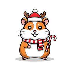 A cute cartoon hamster, adorned with a festive Christmas hat and reindeer antlers, holding a candy cane, ready for the holiday season.
