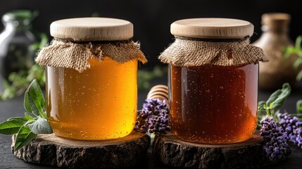 Two jars of honey, different colors, on wooden slices, with herbs and a dark background.